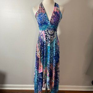 Nani Kai S Small Midi Dress Green Pink Stretch Knit Handkerchief Hem